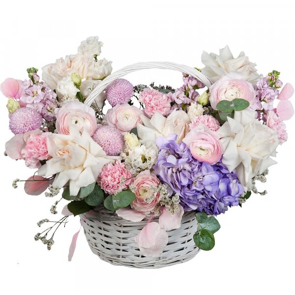 Momoko Chrysanthemum - 3, Peony style roses - 7, Ranunculus Pink - 5, Matthiola Lilac - 3, lisianthus - 2, Pink carnation - 9, Medium Basket, Oasis, Limonium (1 pc.), Dried flowers in assortment, Eucalyptus