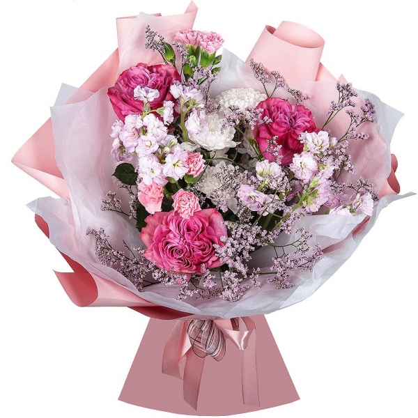 Peony rose Kahala 50 cm - 7, Baltica White Spray Chrysanthemum - 1, Matthiola Lilac - 3, Pink spray carnation - 6, Limonium (1 pc.), Wrapping Paper