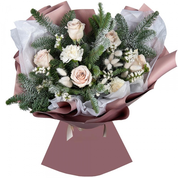 Rose Pink 50 cm Ecuador (Chelo, Hermosa, Novia, Titanik, Engagement, Pink Mondiale) - 5, Carnation white, cream - 6, Spruce branches (1pc.), Dried flowers in assortment, White statice, Wrapping Paper