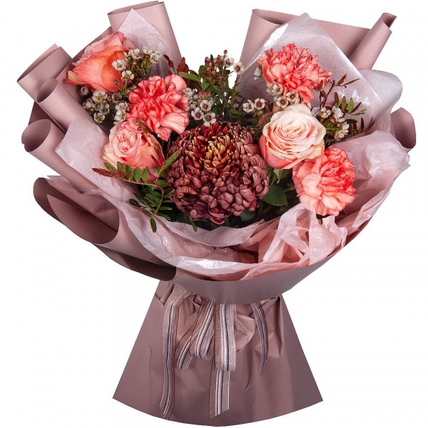 Chrysanthemum Bigoudi purple - 1, Peony rose Kahala 50 cm - 3, Orange carnation - 7, Waxflower (1 pc.), Pistachio, Wrapping Paper