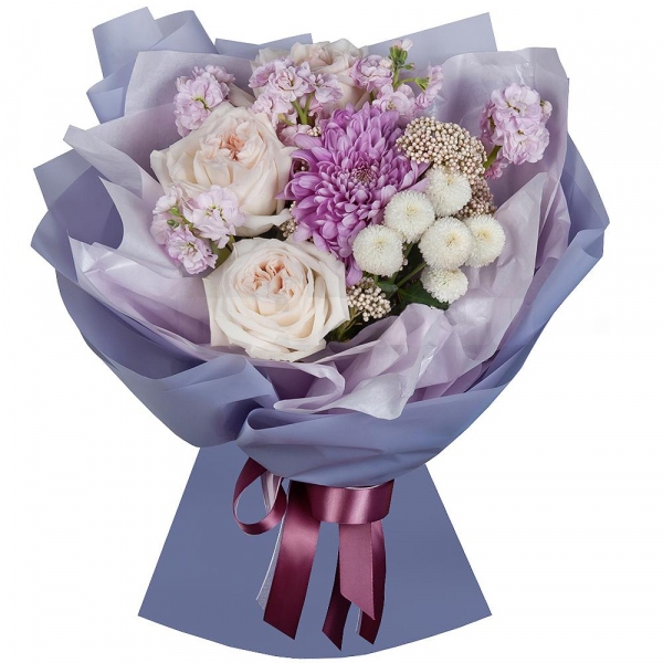 Magnum Purple Chrysanthemum - 1, Peony style roses - 7, Matthiola Lilac - 2, Newton White Spray Chrysanthemum - 1, Ozotamnus, Wrapping Paper