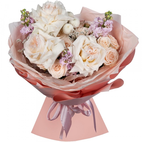 Peony style roses - 11, Peony sprayrose - 3, Matthiola Lilac - 3, Newton White Spray Chrysanthemum - 2, Limonium (1 pc.), Wrapping Paper