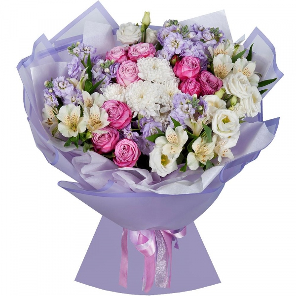 Matthiola Lilac - 3, Baltica White Spray Chrysanthemum - 1, Peony sprayrose - 4, Alstromeria white, soft pink - 9, lisianthus - 2, Wrapping Paper