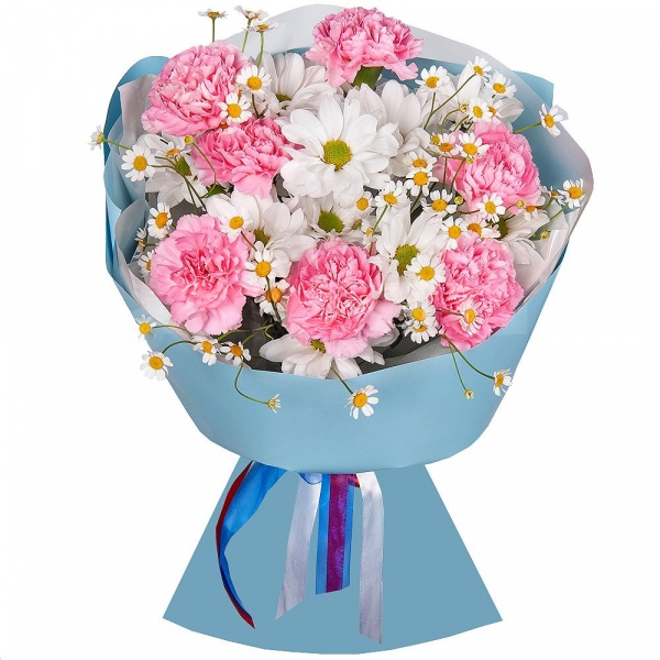 Pink carnation - 7, Bacardi White Spray Chrysanthemum - 2, Chamomile - 2, Wrapping Paper