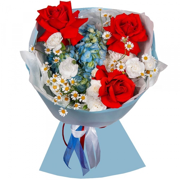 Red rose Nina 50 cm - 5, Blue/purple hydrangea - 1, Chamomile - 2, White spray carnation - 3, Bacardi White Spray Chrysanthemum - 1, Wrapping Paper