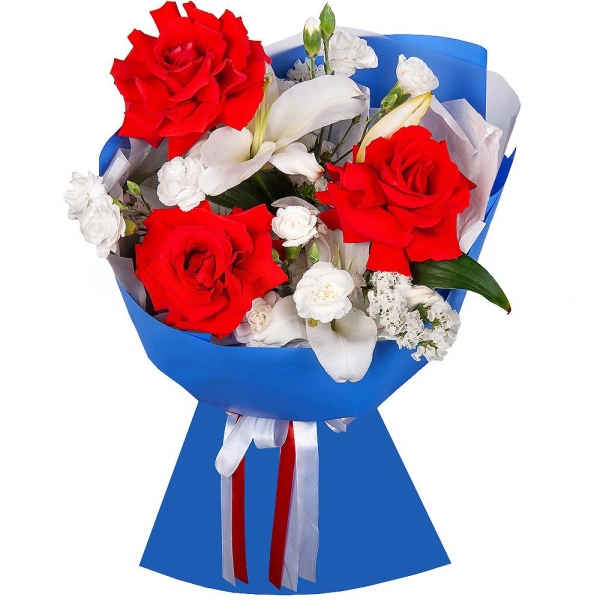Lilies - 1, Red rose Nina 50 cm - 7, White spray carnation - 5, White statice, Wrapping Paper
