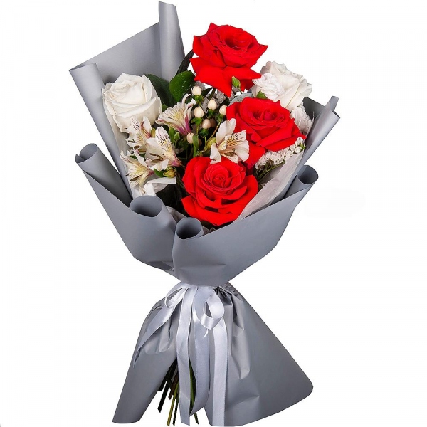 Red rose Nina 50 cm - 5, White rose 50 cm Ecuador - 4, Alstromeria white, soft pink - 2, White spray carnation - 2, Hypericum, Ruscus, White statice, Wrapping Paper