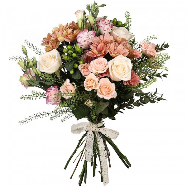 Spray rose: white, cream, light pink 50 cm - 3, Bacardi Pink Spray Chrysanthemum - 2, Pink Lisianthus (Eustoma) - 2, White rose 50 cm - 3, Hypericum, Green bell (1 pc.), Eucalyptus parvifolia (1 pc.), Ribbon