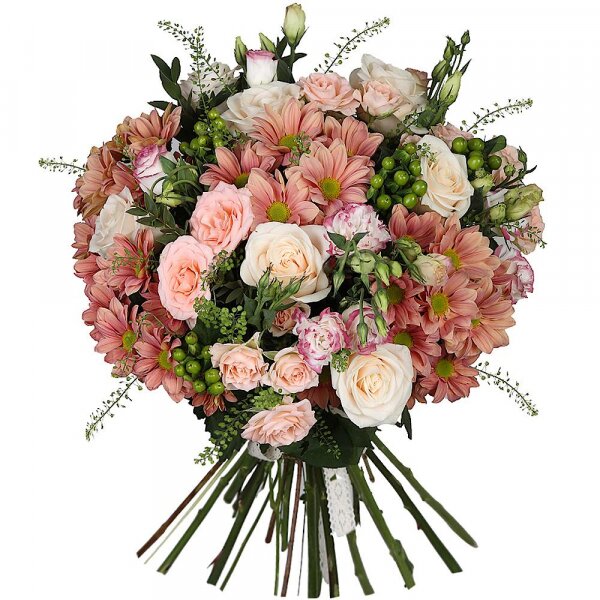 Rose Cream 50 cm - 7, Spray rose: white, cream, light pink 50 cm - 4, Bacardi Pink Spray Chrysanthemum - 4, Pink Lisianthus (Eustoma) - 4, Hypericum, Green bell (1 pc.), Eucalyptus parvifolia (1 pc.), Ribbon