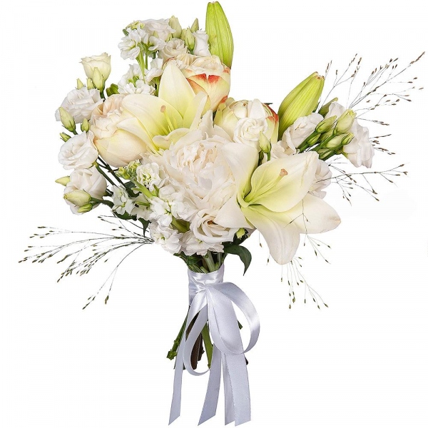 Lilies - 1, Peony style roses - 3, Peony white - 1, lisianthus - 3, White Matthiola - 2, Ribbon, Panicum