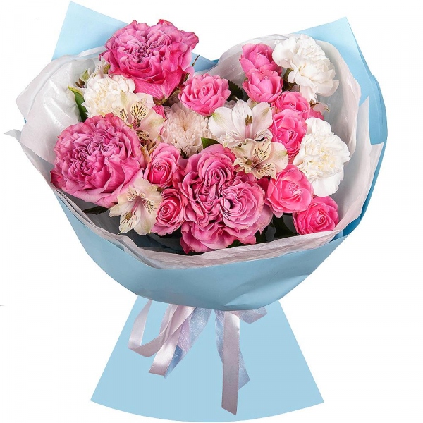 Pink rose Country Blues 50 cm - 3, Bright pink spray rose mix, 50 cm - 3, Baltica White Spray Chrysanthemum - 1, Carnation white, cream - 3, Alstromeria white, soft pink - 2, Wrapping Paper