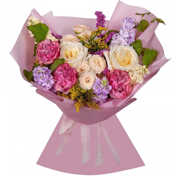 White rose 50 cm Ecuador - 2, Pink rose Country Blues 50 cm - 3, Spray rose: white, cream, light pink 50 cm - 2, Matthiola Lilac - 3, White Matthiola - 2, Pink Statice, Solidago (1 pc.),  Raspberry branch, Wrapping Paper