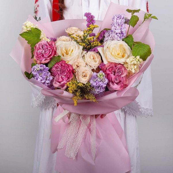 White rose 50 cm Ecuador - 2, Pink rose Country Blues 50 cm - 3, Spray rose: white, cream, light pink 50 cm - 2, Matthiola Lilac - 3, White Matthiola - 2, Pink Statice, Solidago (1 pc.),  Raspberry branch, Wrapping Paper