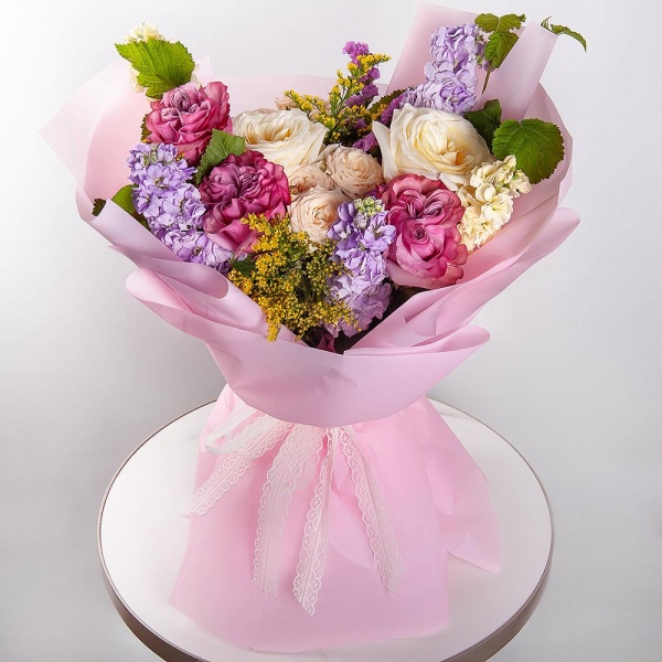 White rose 50 cm Ecuador - 2, Pink rose Country Blues 50 cm - 3, Spray rose: white, cream, light pink 50 cm - 2, Matthiola Lilac - 3, White Matthiola - 2, Pink Statice, Solidago (1 pc.),  Raspberry branch, Wrapping Paper