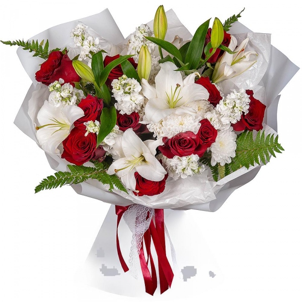 Rose Red 50 cm Ecuador - 11, Baltica White Spray Chrysanthemum - 2, White Matthiola - 7, Lilies - 2, Fern (1 pc.), Wrapping Paper