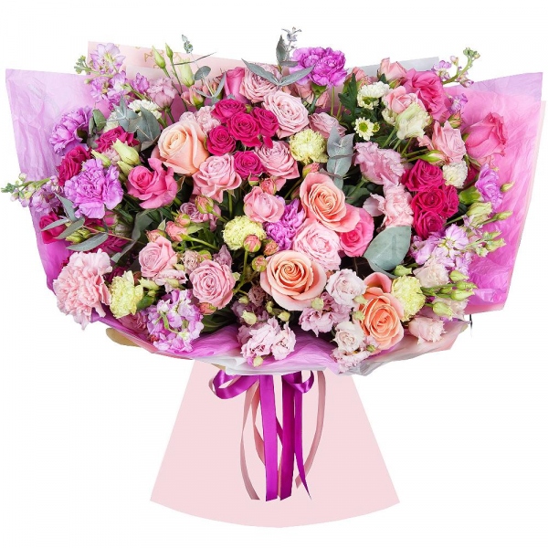 Green carnation - 4, Bright pink spray rose mix, 50 cm - 10, Pink rose 50 cm - 5, Rose Cream 50 cm - 4, Matthiola Lilac - 5, Pink Lisianthus (Eustoma) - 3, Santini White Spray Chrysanthemum - 3, Pink carnation - 4, Lilac carnation - 5, Eucalyptus Cinerea, Wrapping Paper