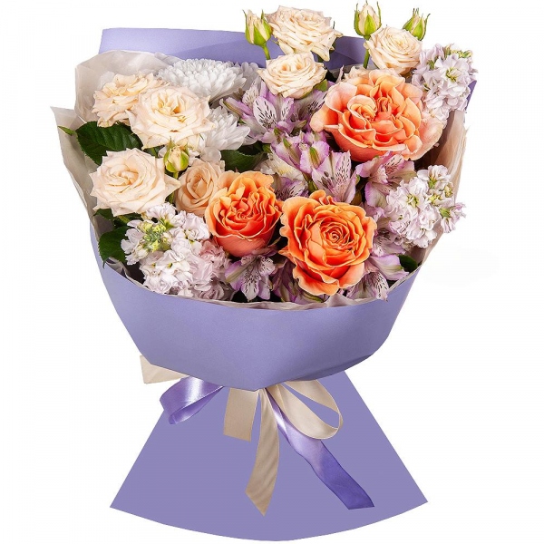 Pink-orange rose Phoenix 50 cm - 3, Spray rose: white, cream, light pink 50 cm - 2, Alstromeria lilac, purple - 7, Matthiola Lilac - 3, Baltica White Spray Chrysanthemum - 1, Wrapping Paper