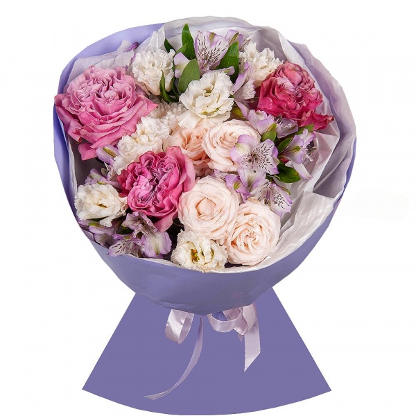 Pink rose Country Blues 50 cm - 5, Peony sprayrose - 2, Baltica White Spray Chrysanthemum - 1, Alstromeria lilac, purple - 9, lisianthus - 2, Wrapping Paper