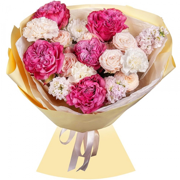 Pink rose Country Blues 50 cm - 5, Peony sprayrose - 2, Baltica White Spray Chrysanthemum - 1, Matthiola Lilac - 3, Carnation white, cream - 13, Wrapping Paper