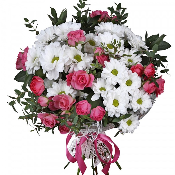 Bacardi White Spray Chrysanthemum - 3, Bright pink spray rose mix, 50 cm - 4, Eucalyptus parvifolia (1 pc.), Ruscus, Mesh (Abaka), Ribbon