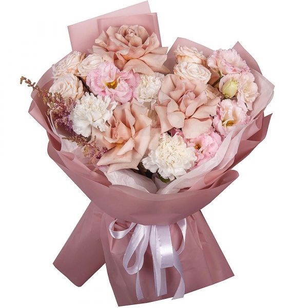 Rose Pink 50 cm Ecuador (Chelo, Hermosa, Novia, Titanik, Engagement, Pink Mondiale) - 3, Peony sprayrose - 2, Carnation white, cream - 3, Pink Lisianthus (Eustoma) - 2, Baltica White Spray Chrysanthemum - 1, Astilbe, Wrapping Paper