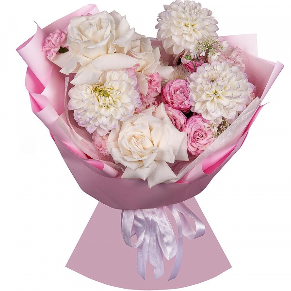 White rose 50 cm Ecuador - 3, White Dahlia - 3, Peony sprayrose - 1, Pink Lisianthus (Eustoma) - 2, Pink spray carnation - 3, Baltica White Spray Chrysanthemum - 1, Wrapping Paper