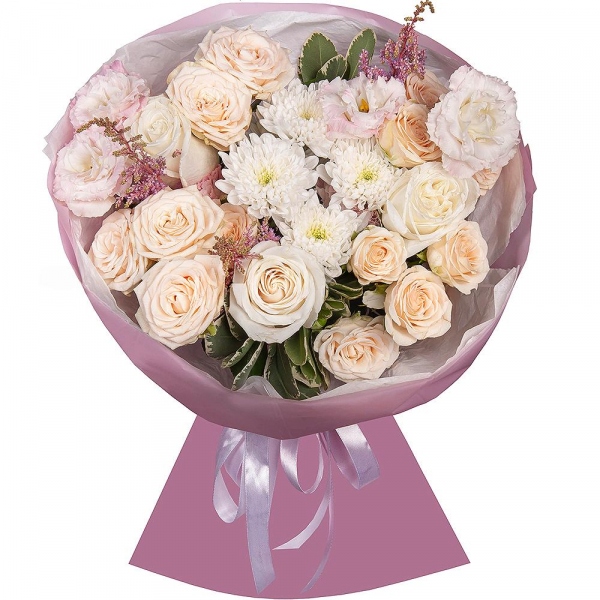 Peony sprayrose - 4, Pink Lisianthus (Eustoma) - 2, Baltica White Spray Chrysanthemum - 1, White rose 50 cm Ecuador - 3, Astilbe, Salal, Wrapping Paper