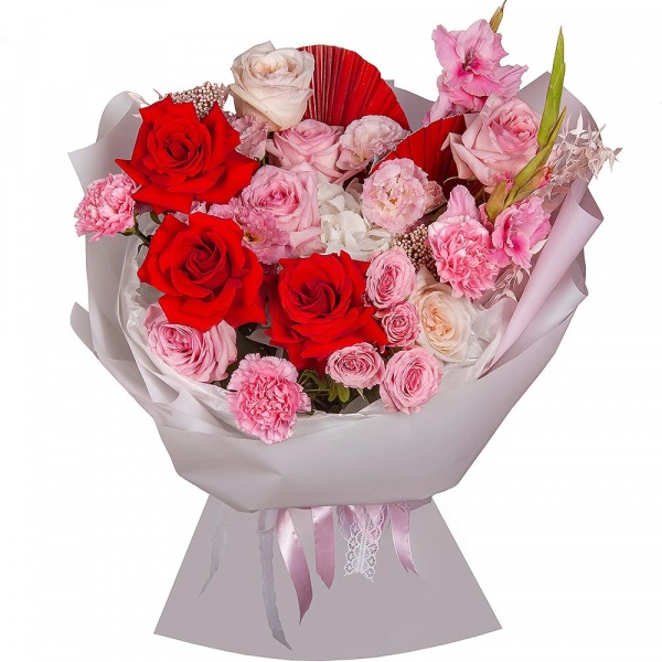 Pink Gladiolus - 2, Peony rose pink 'OHara' - 6, Red rose Nina 50 cm - 3,  White Hydrangea - 1, Pink Lisianthus (Eustoma) - 2, Bright pink spray rose mix, 50 cm - 2, Pink carnation - 3, Ozotamnus, Dried flowers decor, Wrapping Paper