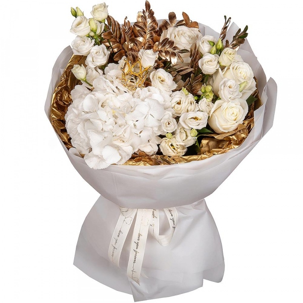 White rose 50 cm Ecuador - 5, lisianthus - 4, Spray rose: white, cream, light pink 50 cm - 1,  White Hydrangea - 1, Pistachio, Decorative crown, Wrapping Paper