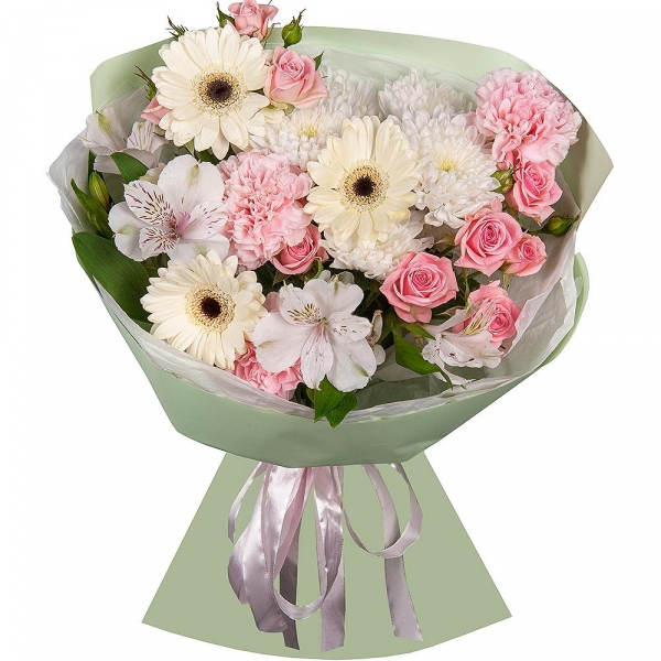 Gerbera white - 3, Pink carnation - 5, Alstromeria white, soft pink - 4, Bright pink spray rose mix, 50 cm - 3, Baltica White Spray Chrysanthemum - 1, Wrapping Paper