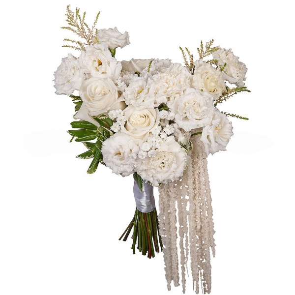White rose 50 cm Ecuador - 5, Carnation white, cream - 5, lisianthus - 5, Gypsophila - 1, Salal, Astilbe, Amaranth stabilized, Ribbon