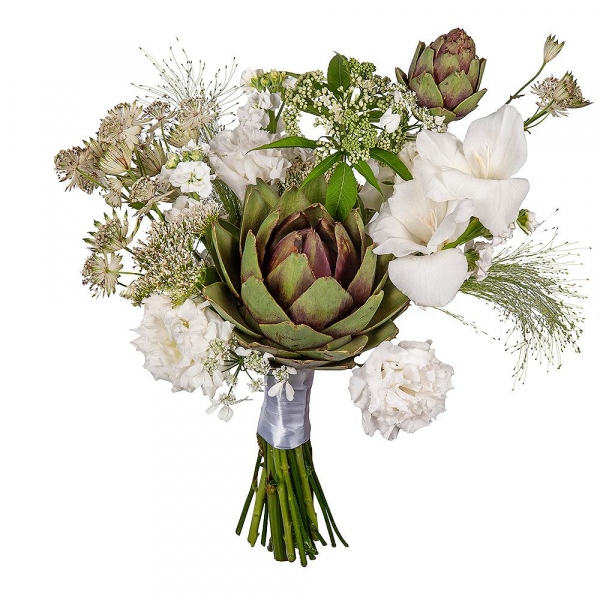 White Gladiolus - 1, lisianthus - 2, White Matthiola - 5, Artichoke, Sedum, Panicum, Ribbon