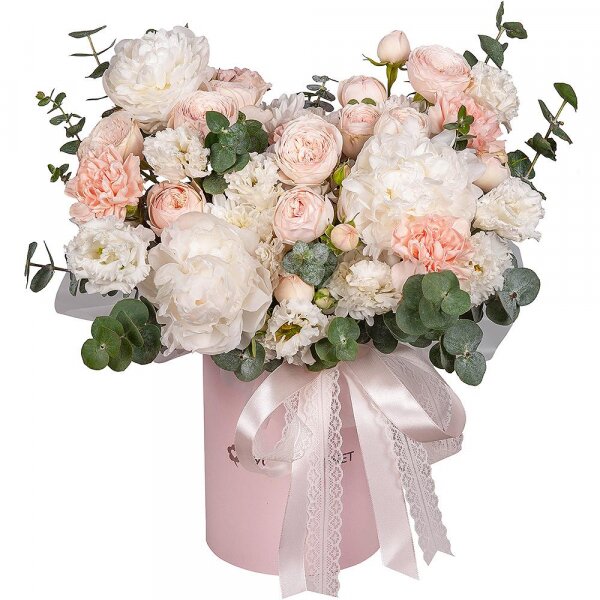 Peony white - 3, Peony sprayrose - 3, Carnation white, cream - 9, Baltica White Spray Chrysanthemum - 3, lisianthus - 3, Round flower box small , Oasis, Eucalyptus, Ribbon