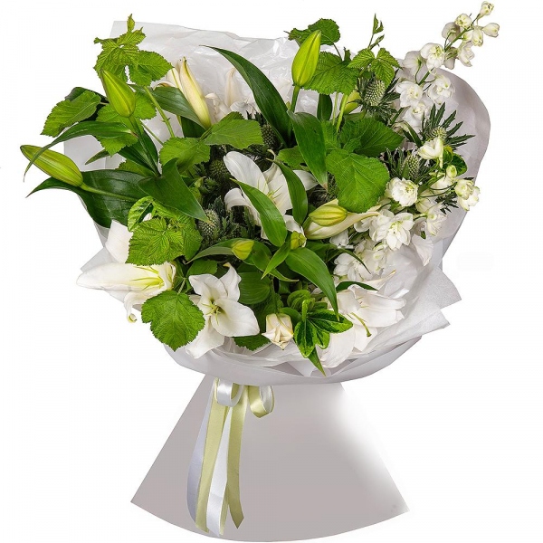 Lilies - 2, Blue Delphinium, Eryngium, Pittosporum,  Raspberry branch, Wrapping Paper