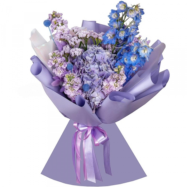 Blue/purple hydrangea - 1, Matthiola Lilac - 7, Blue Delphinium, Dried flowers in assortment, Craspedia, Blue Statice, Wrapping Paper