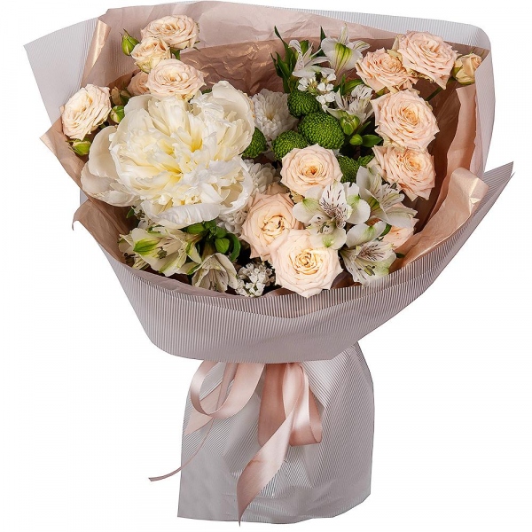 Peony white - 1, Baltica White Spray Chrysanthemum - 1, Spray rose: white, cream, light pink 50 cm - 3, Alstromeria white, soft pink - 5, Athos pom Feeling Green - 1, White statice, Wrapping Paper