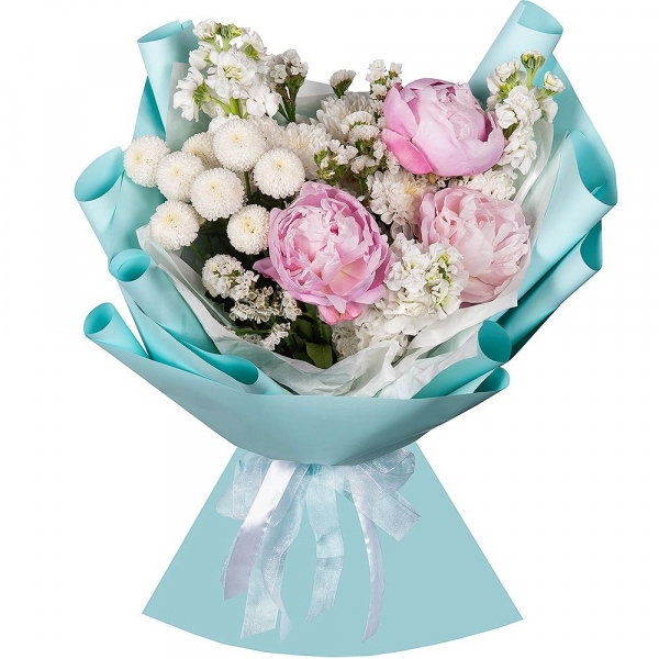 Peony pink - 3, White Matthiola - 3, Baltica White Spray Chrysanthemum - 3, Newton White Spray Chrysanthemum - 2, White statice, Wrapping Paper