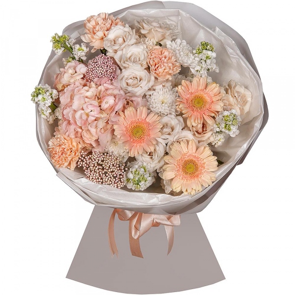 Pink Hydrangea - 1, Spray rose: white, cream, light pink 50 cm - 2, White Matthiola - 5, Cream gerbera - 7, Baltica White Spray Chrysanthemum - 2, Carnation white, cream - 9, Ozotamnus, Wrapping Paper