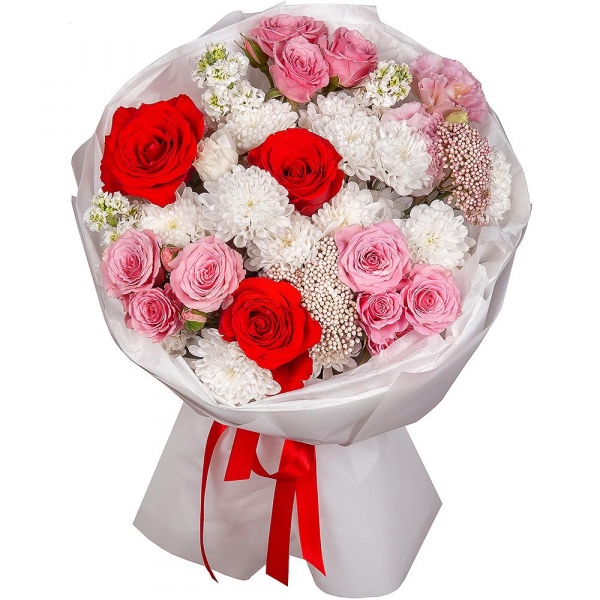 Red rose Nina 50 cm - 7, Bright pink spray rose mix, 50 cm - 9, Pink Lisianthus (Eustoma) - 2, White Matthiola - 3, Baltica White Spray Chrysanthemum - 3, Ozotamnus, Wrapping Paper