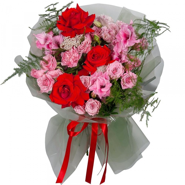 Red rose Nina 50 cm - 7, Spray rose: white, cream, light pink 50 cm - 4, Pink Gladiolus - 3, Pink Lisianthus (Eustoma) - 3, Pink carnation - 7, Ozotamnus, Asparagus setaceus (1 pc.), Wrapping Paper