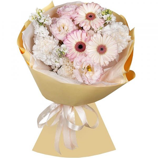 Gerbera pink - 7, Pink Lisianthus (Eustoma) - 2, Carnation white, cream - 7, Baltica White Spray Chrysanthemum - 1, Wrapping Paper