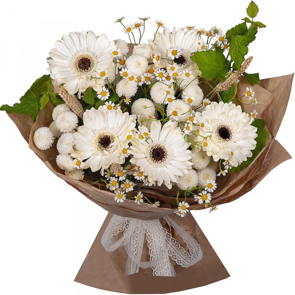 Gerbera white - 11, Chamomile - 4, Newton White Spray Chrysanthemum - 5, Dried flowers in assortment,  Raspberry branch, Wrapping Paper