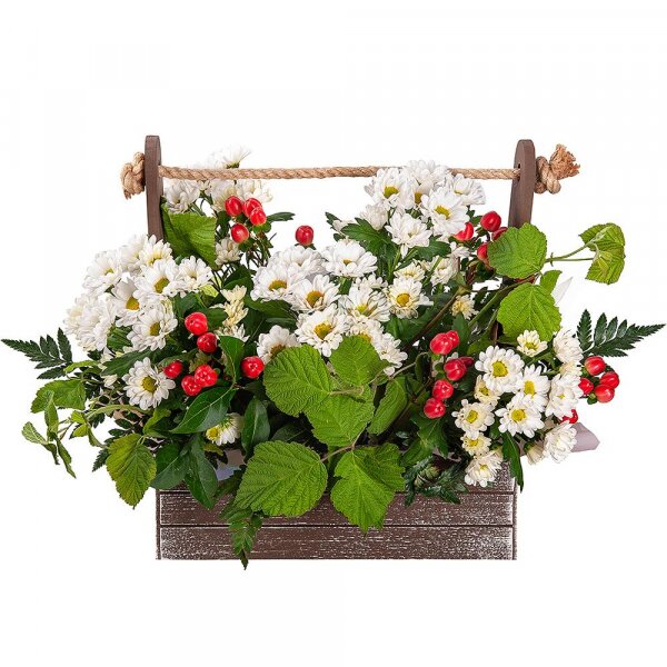 Santini White Spray Chrysanthemum - 9, Wooden pot, Oasis, Hypericum,  Raspberry branch