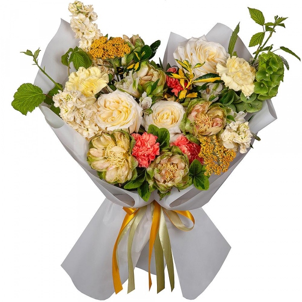 Rose Veggie 50 cm - 5, Rose Yellow 50 cm Ecuador (Mohana, Latina, Brighton) - 3, Yellow carnation - 7, White Matthiola - 3, Alstromeria white, soft pink - 4, Pink carnation - 8, Veronica spray, Moluccella, Pittosporum,  Raspberry branch, Wrapping Paper