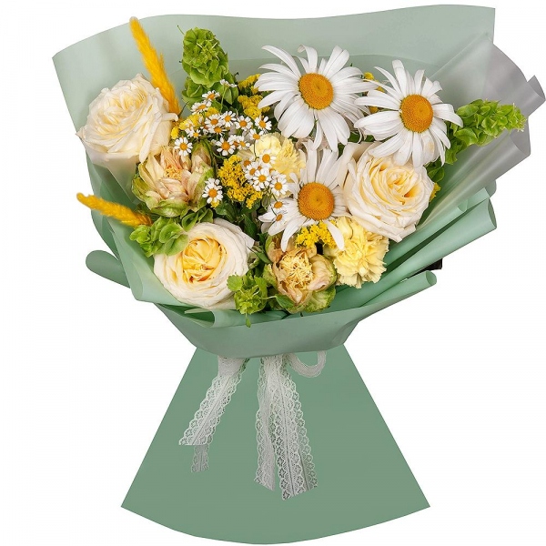 Gerbera white - 7, Chamomile - 1, White rose 50 cm Ecuador - 3, Rose Veggie 50 cm - 2, Yellow carnation - 6, Baltica White Spray Chrysanthemum - 1, Yellow Statice, Dried flowers in assortment, Wrapping Paper, Moluccella