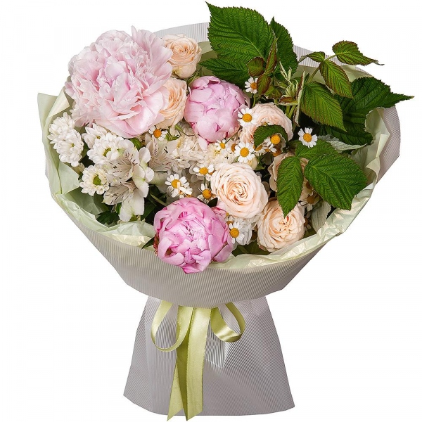 Peony pink - 3, Baltica White Spray Chrysanthemum - 1, Chamomile - 2, Spray rose: white, cream, light pink 50 cm - 2, Alstromeria white, soft pink - 8, Santini White Spray Chrysanthemum - 1,  Raspberry branch, Wrapping Paper