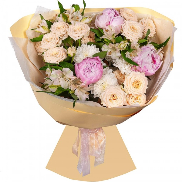 Peony pink - 3, Spray rose: white, cream, light pink 50 cm - 3, Alstromeria white, soft pink - 9, Baltica White Spray Chrysanthemum - 1, Wrapping Paper