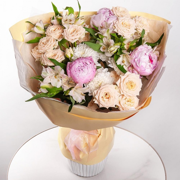 Peony pink - 3, Spray rose: white, cream, light pink 50 cm - 3, Alstromeria white, soft pink - 9, Baltica White Spray Chrysanthemum - 1, Wrapping Paper