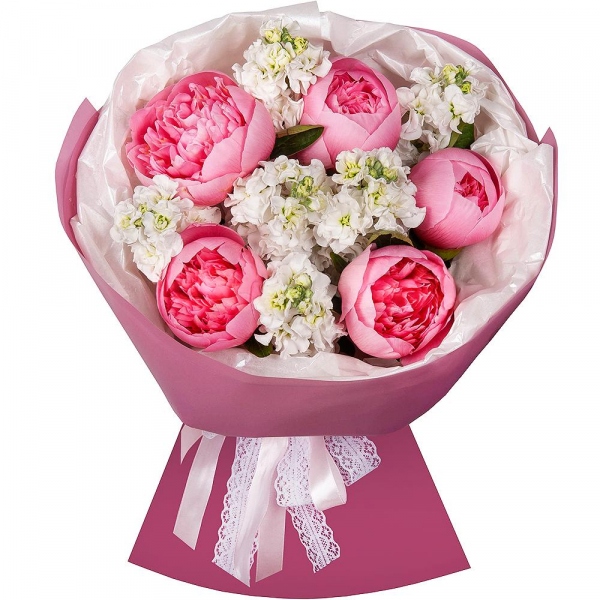 Peony pink - 5, White Matthiola - 12, Wrapping Paper