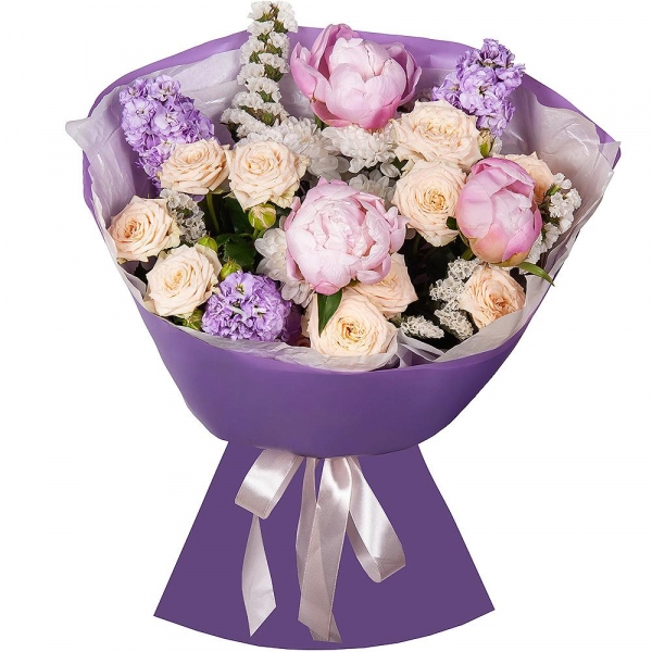 Peony pink - 3, Matthiola Lilac - 3, Baltica White Spray Chrysanthemum - 7, Spray rose: white, cream, light pink 50 cm - 2, White statice, Wrapping Paper